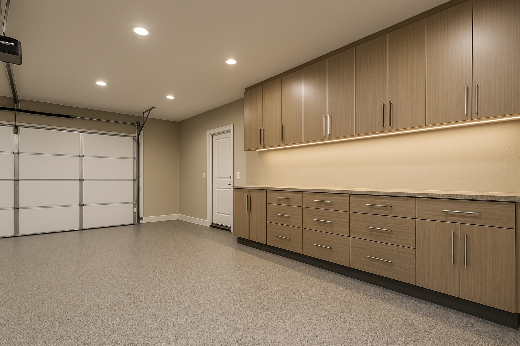 Garage remodel with custom cabinets and epoxy floor by Lynnwood Construction in Utah County